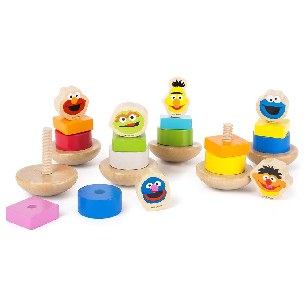 Set of Sesame Street wooden toy Screw-In Figures on a white background