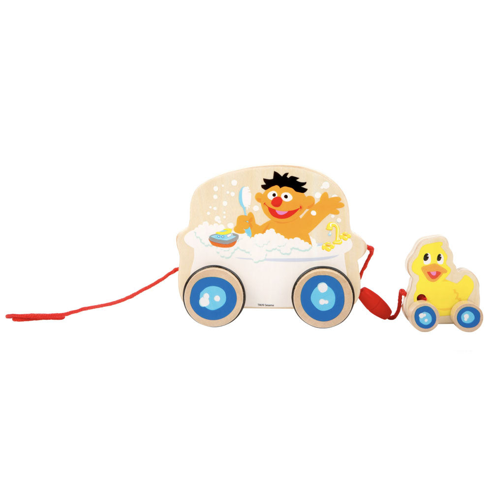 Wooden pull-along toy with Sesame Street design featuring Ernie and a duck